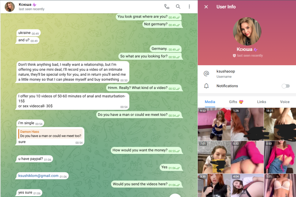 Pretends to sell her "own" porn.